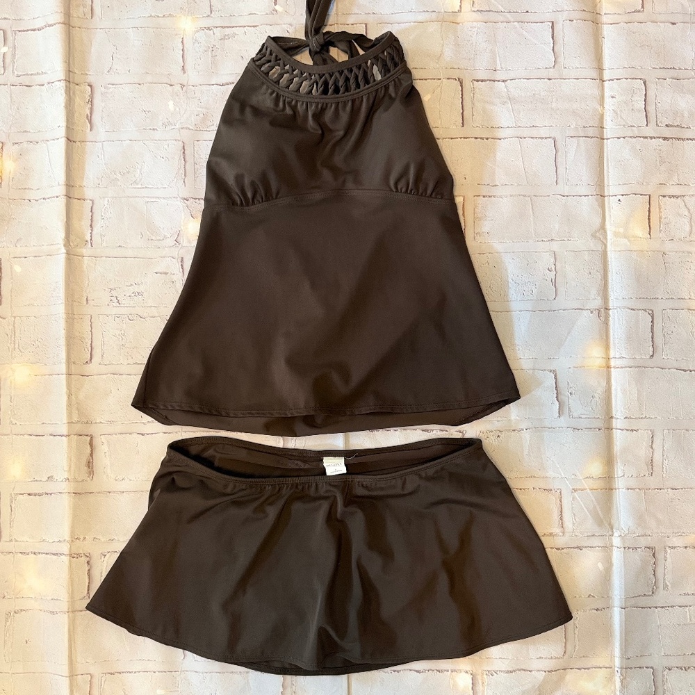 Merona Brown Halterkini Swim Set - Top and Skirted bottom.Never worn NWOT Size L